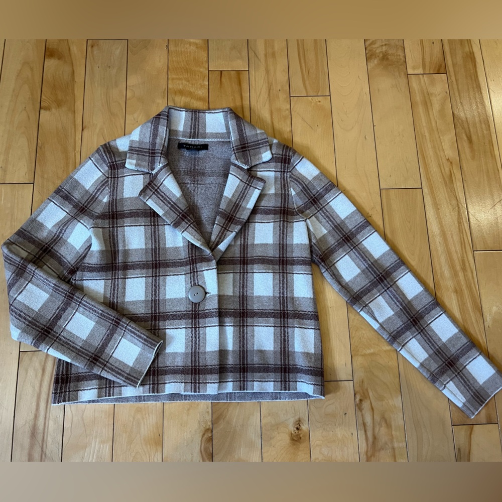 Tahari Plaid Single-Button Blazer Coat Camel/Brown Check – Size M